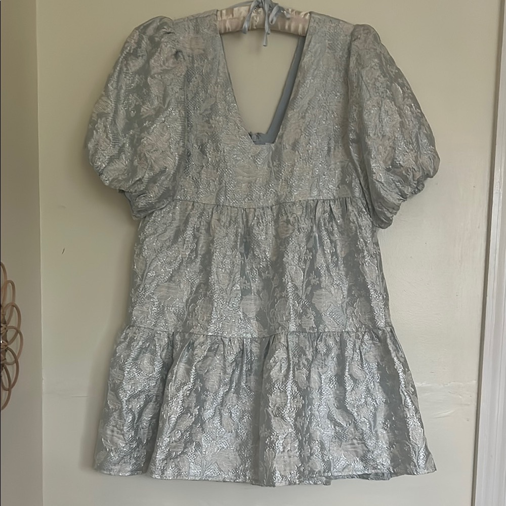 Silver Blue Puff Sleeve Dress